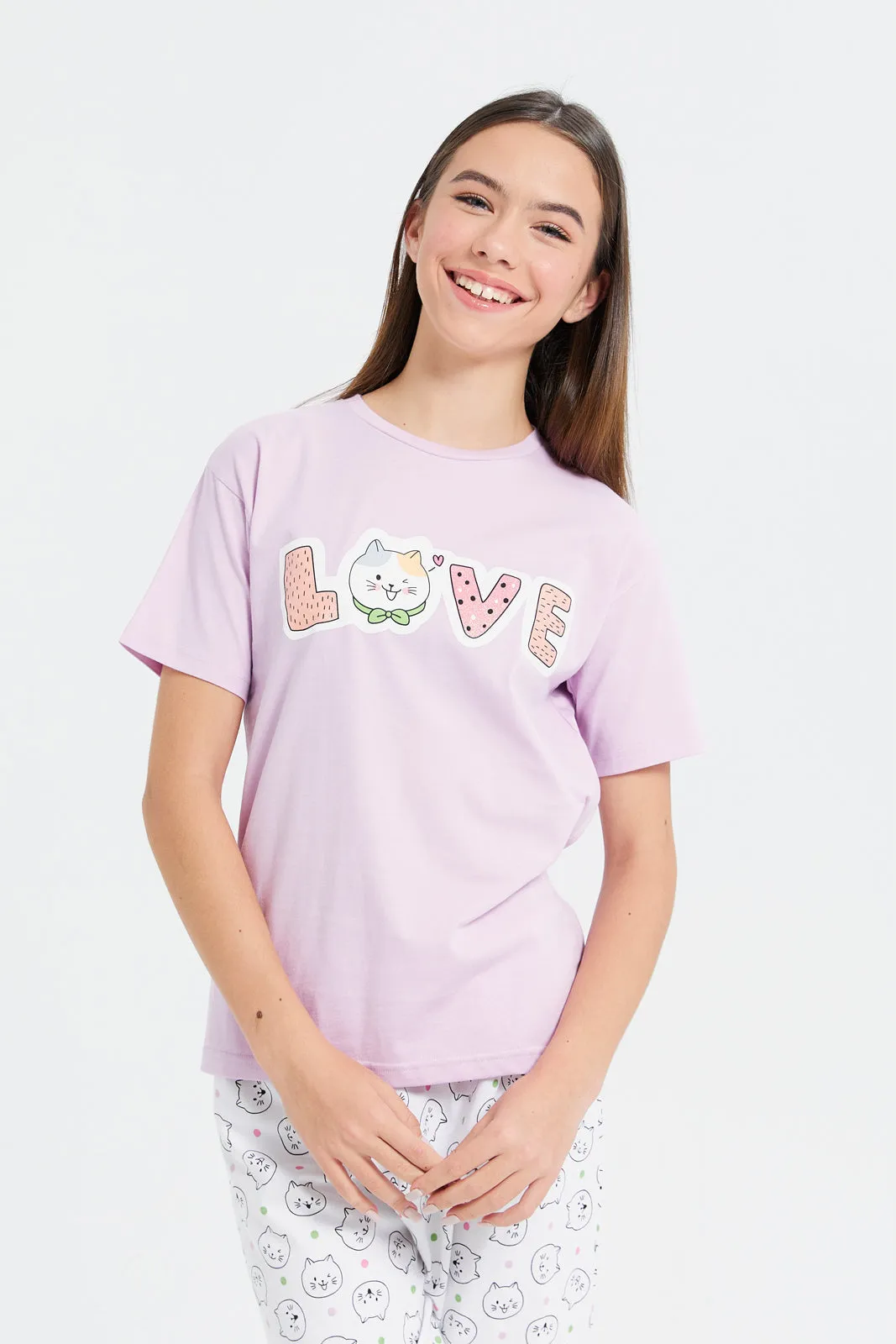 Senior Girls Purple And White Love Pajama Set (2 Piece)