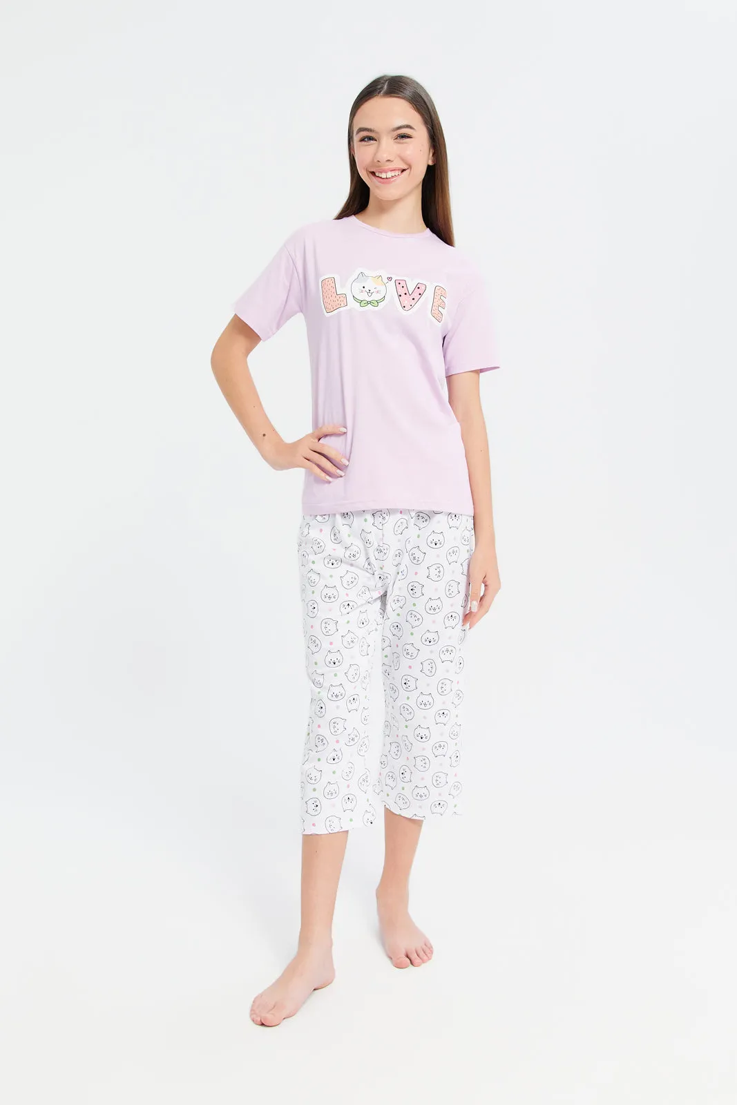 Senior Girls Purple And White Love Pajama Set (2 Piece)
