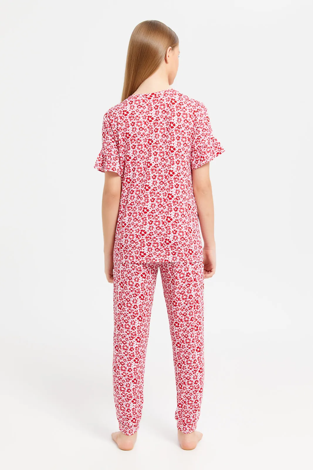 Senior Girls Red Printed Pyjama Set (2 Piece)