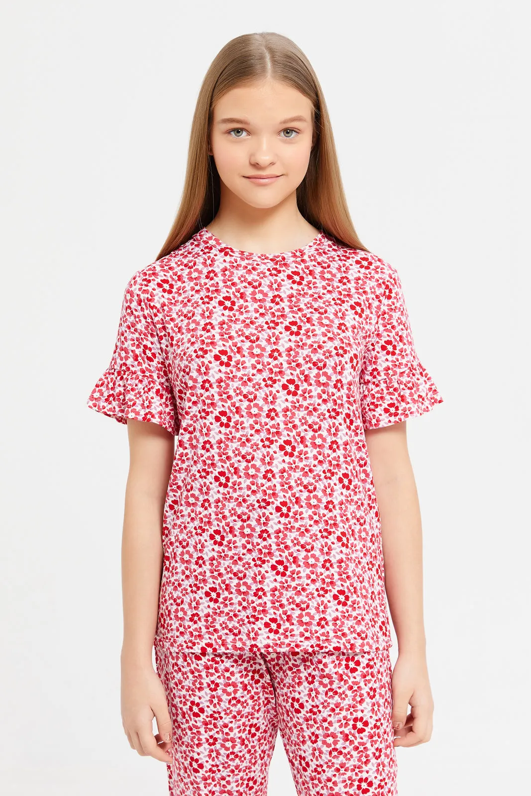 Senior Girls Red Printed Pyjama Set (2 Piece)