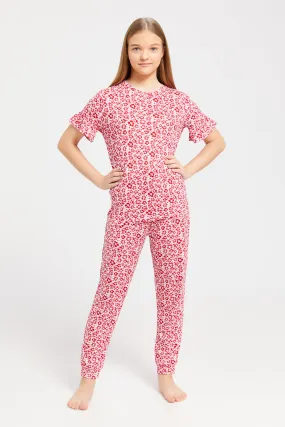 Senior Girls Red Printed Pyjama Set (2 Piece)
