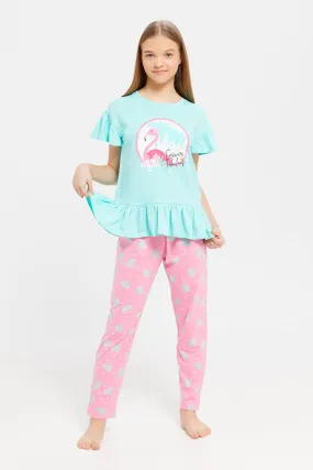 Senior Girls Teal And Pink Ruffles Pyjama Set (2 Piece)