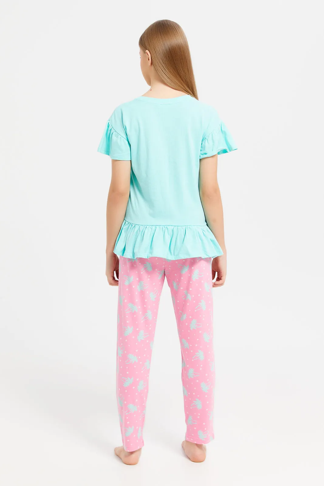 Senior Girls Teal And Pink Ruffles Pyjama Set (2 Piece)