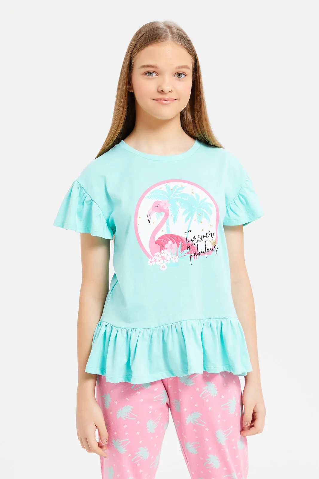 Senior Girls Teal And Pink Ruffles Pyjama Set (2 Piece)