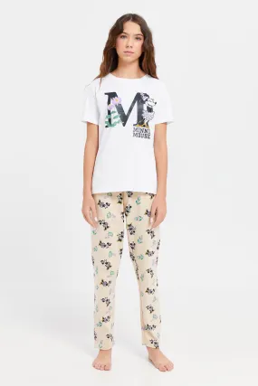 Senior Girls White And Coral Minnie Mouse Pyjama Set (2 Piece)