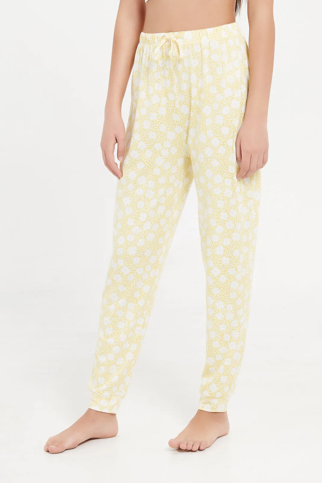 Senior Girls White And Mustard Ruffled Sleeve Pyjama Set (2 Piece)