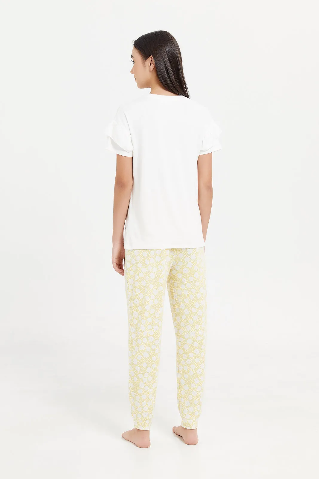 Senior Girls White And Mustard Ruffled Sleeve Pyjama Set (2 Piece)