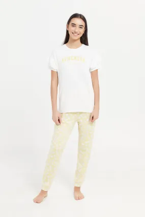 Senior Girls White And Mustard Ruffled Sleeve Pyjama Set (2 Piece)