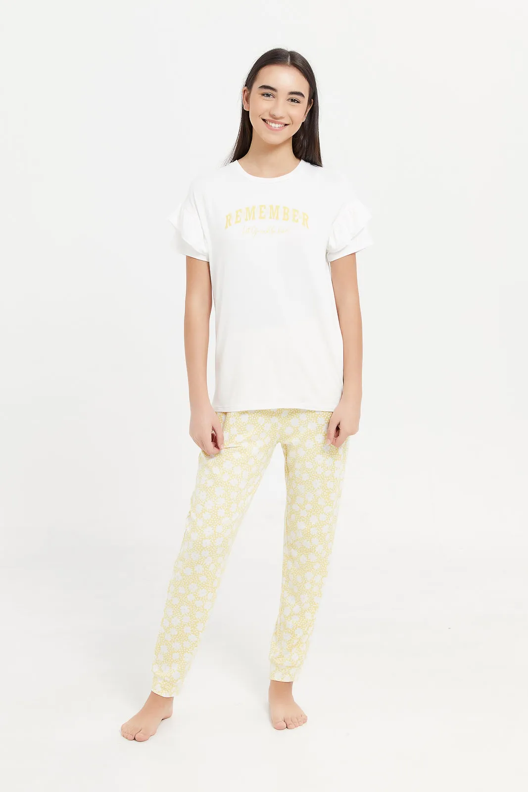 Senior Girls White And Mustard Ruffled Sleeve Pyjama Set (2 Piece)