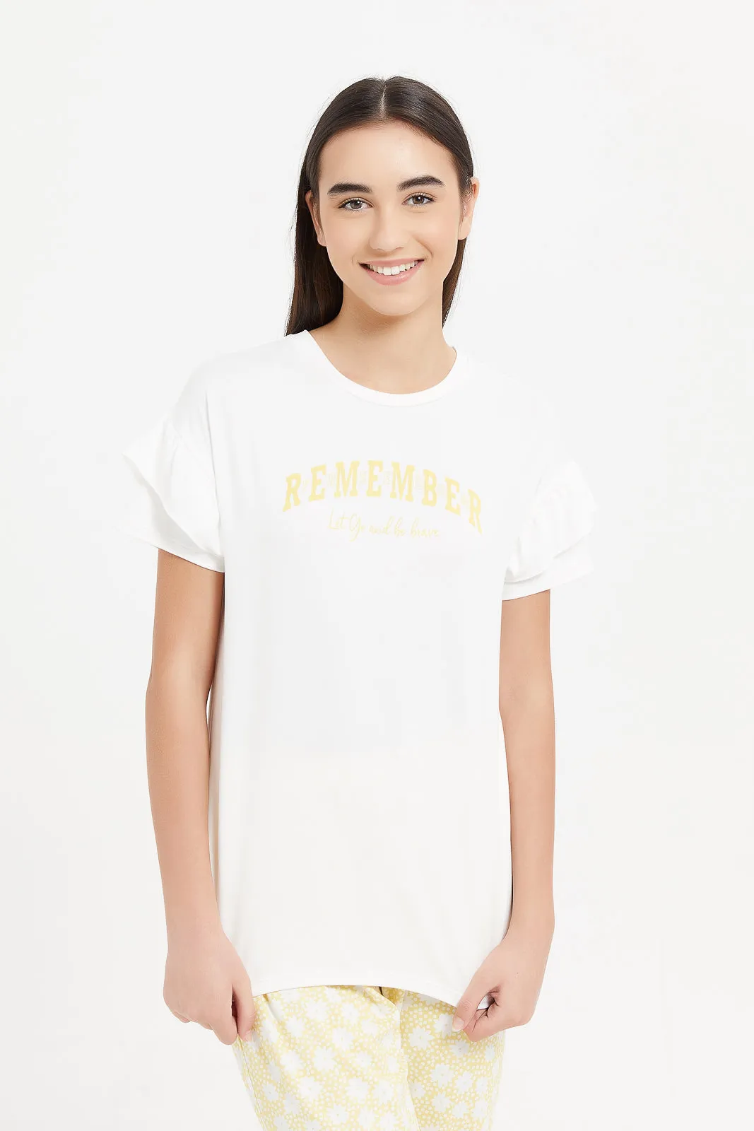 Senior Girls White And Mustard Ruffled Sleeve Pyjama Set (2 Piece)