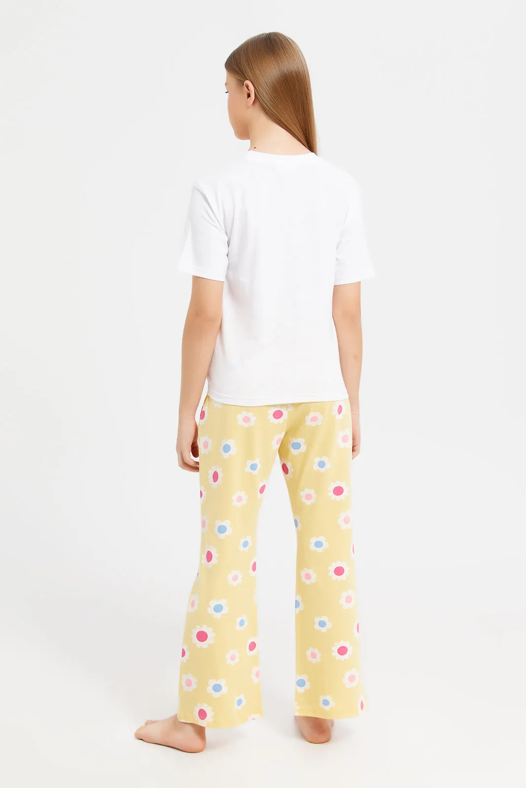 Senior Girls White And Yellow Front Tie Pyjama Set (2 Piece)