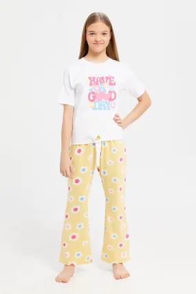 Senior Girls White And Yellow Front Tie Pyjama Set (2 Piece)