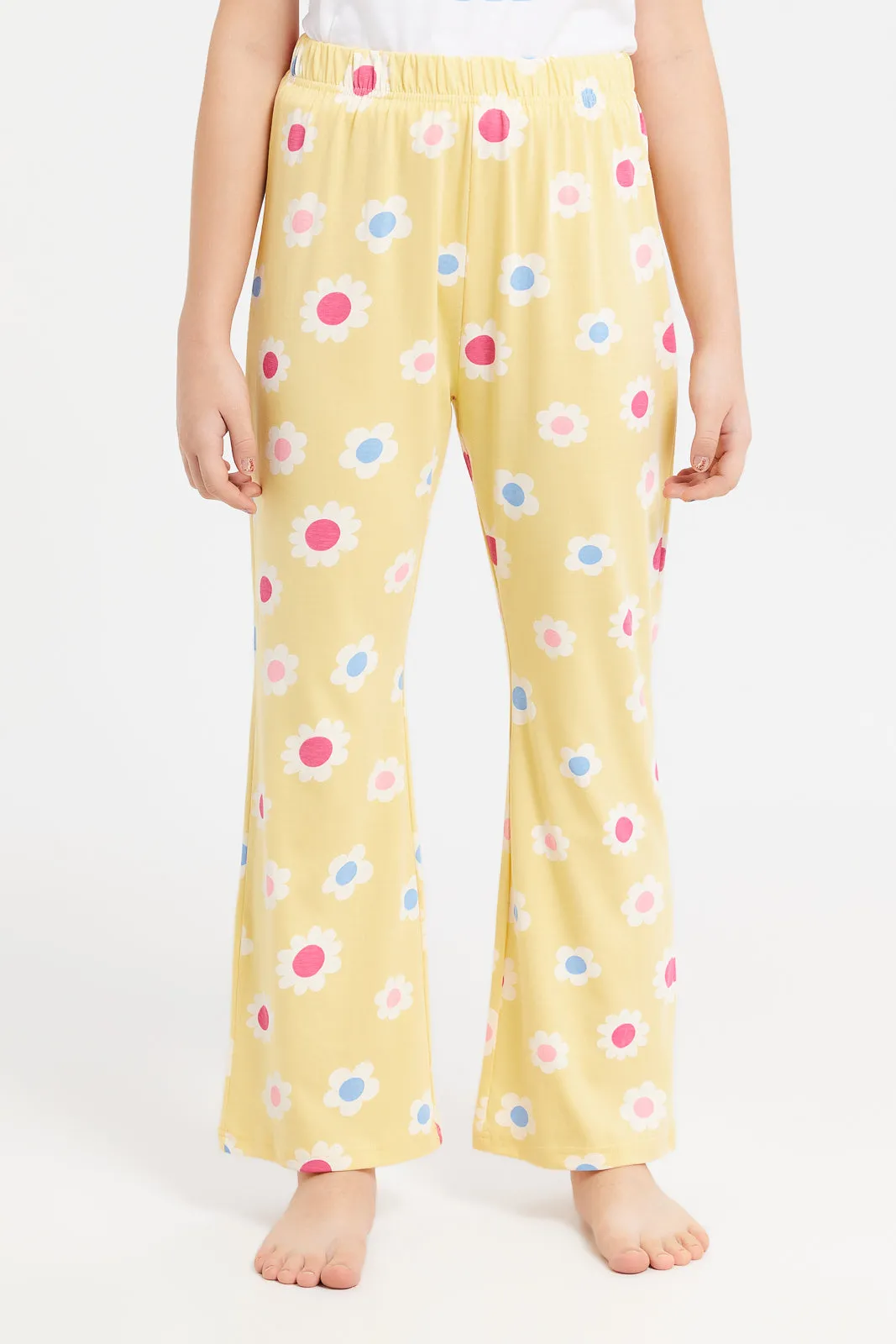 Senior Girls White And Yellow Front Tie Pyjama Set (2 Piece)