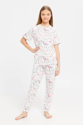 Senior Girls White Flamingo Print Ruffled Pyjama Set (2 Piece)