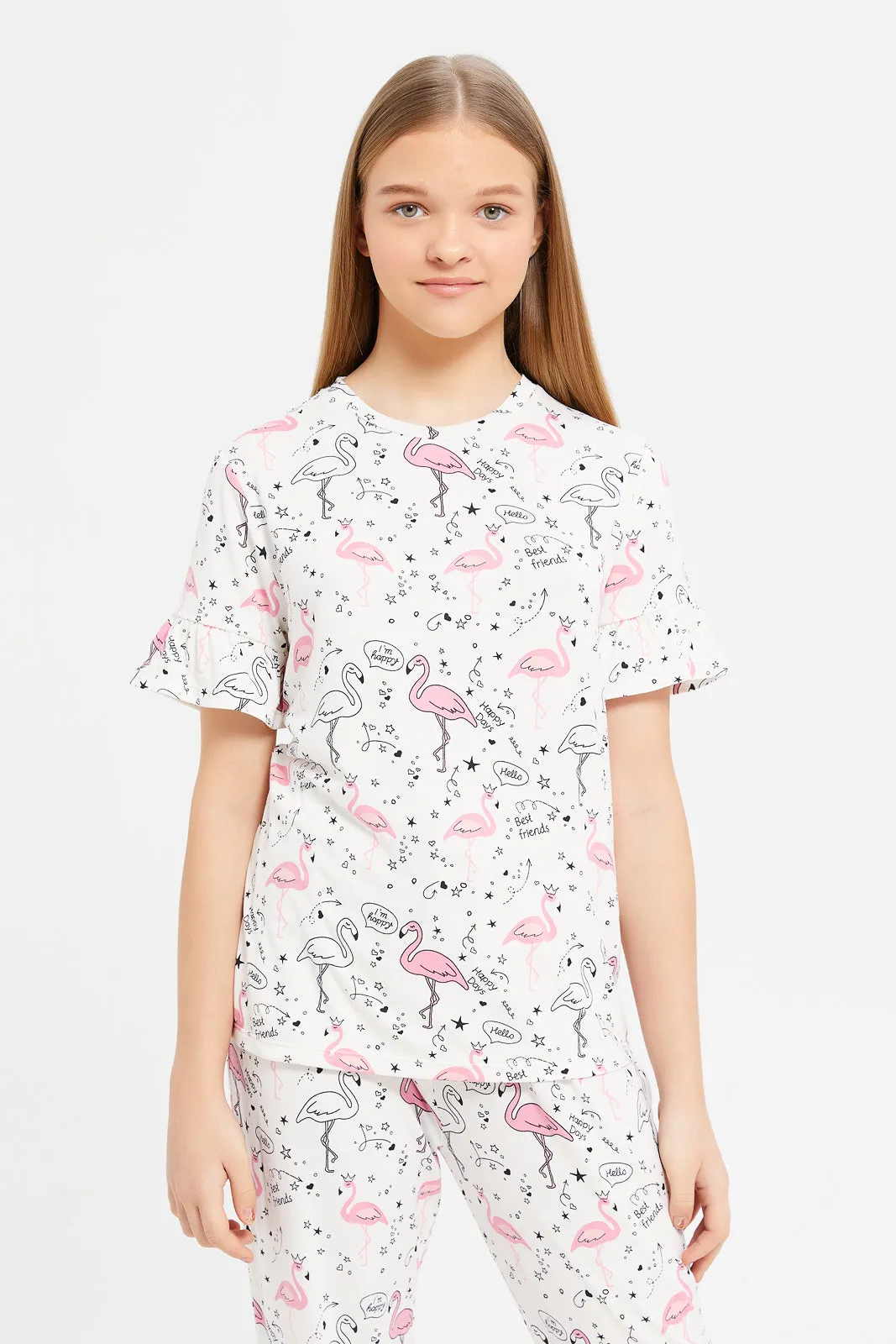 Senior Girls White Flamingo Print Ruffled Pyjama Set (2 Piece)