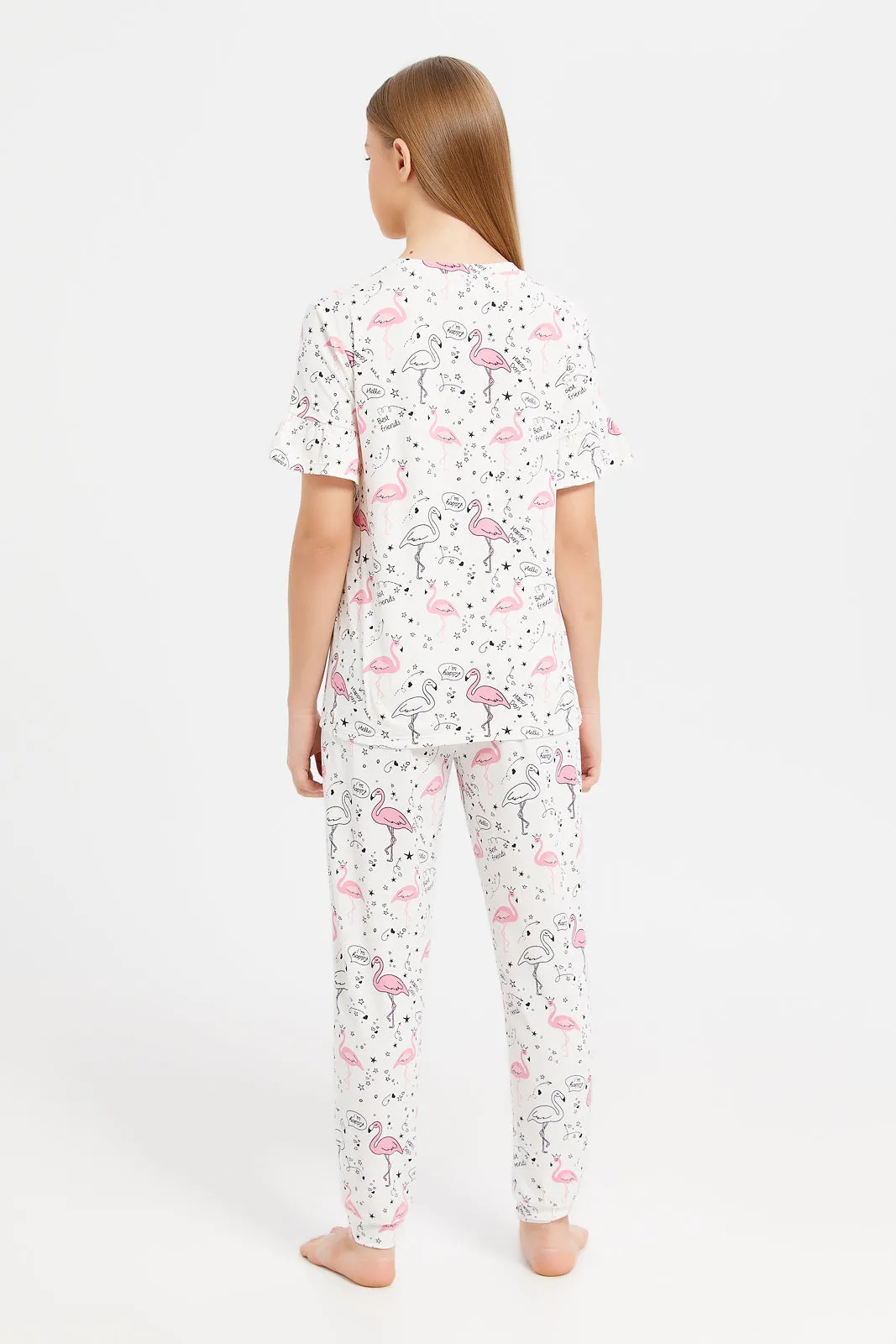 Senior Girls White Flamingo Print Ruffled Pyjama Set (2 Piece)