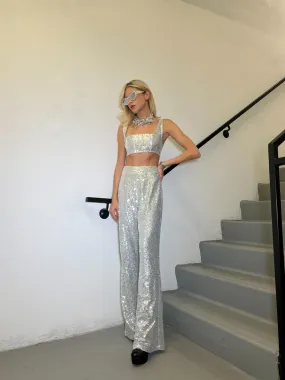 Silver-Sequin Wide-Leg Trousers
