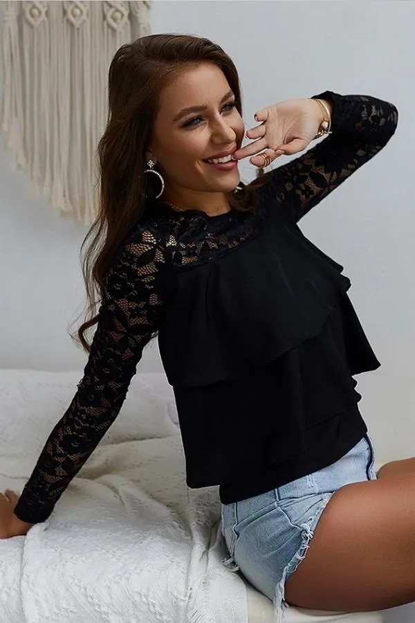 Solid Color Nine Point Sleeve Lace T-shirt