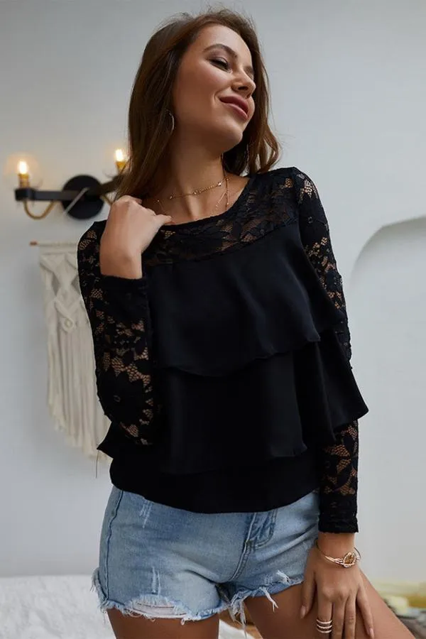 Solid Color Nine Point Sleeve Lace T-shirt