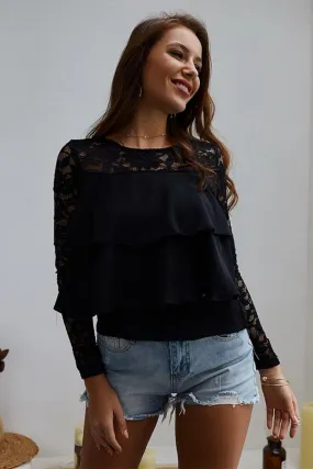 Solid Color Nine Point Sleeve Lace T-shirt