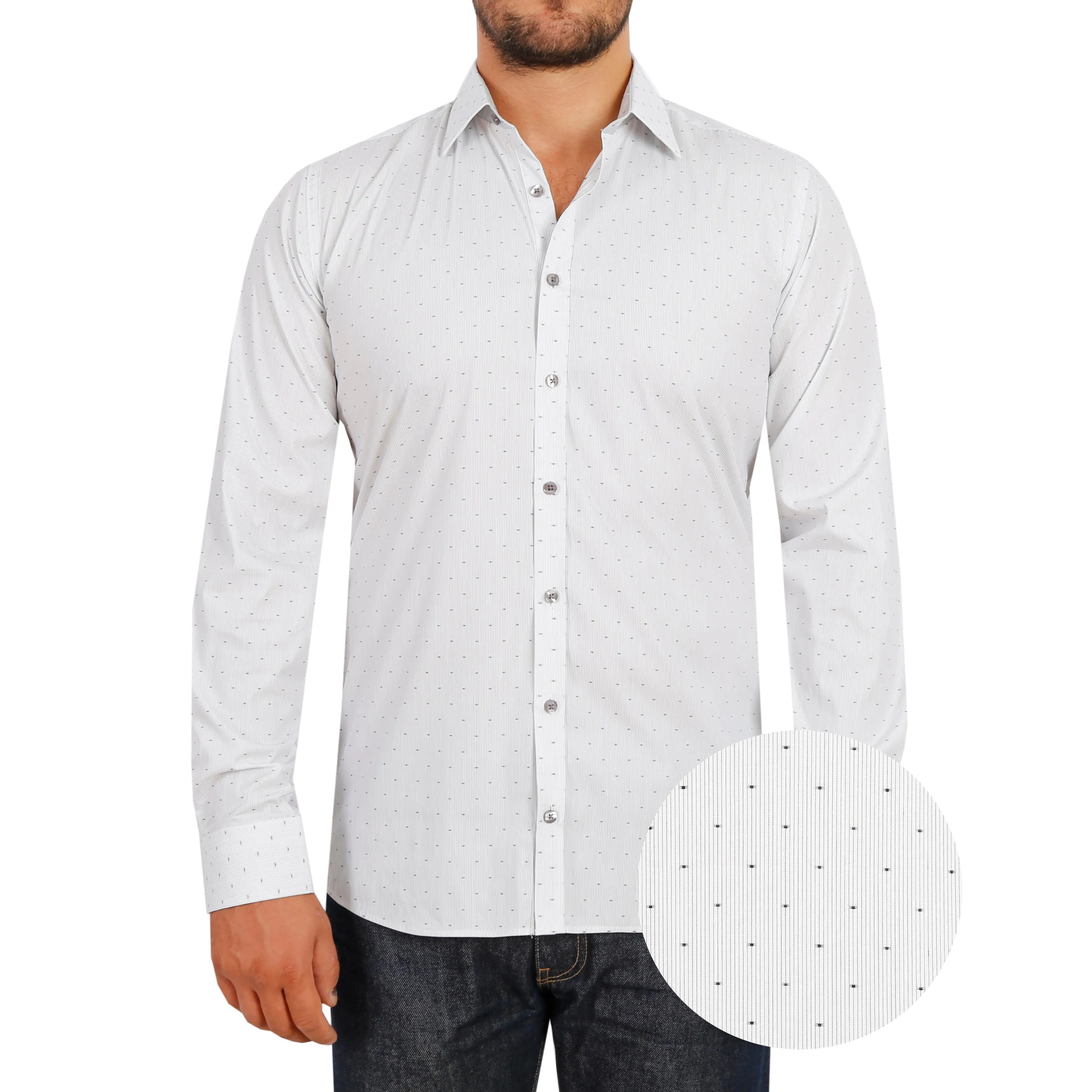 Spot & Fine Stripe White Stretch Cotton Men's Shirt