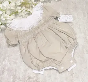 Stone and white bow back romper