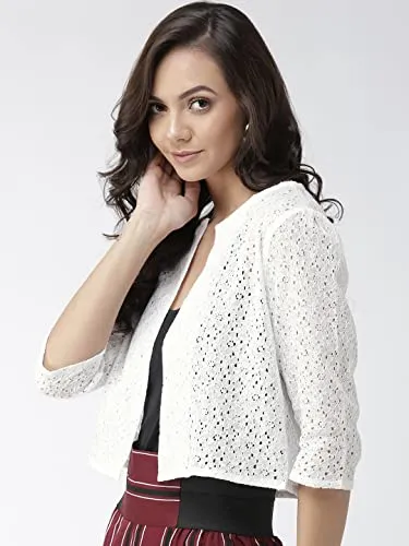Style Quotient Women Off White Self Design Floral lace Regular Open Front Shrug