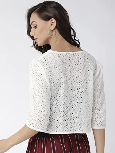 Style Quotient Women Off White Self Design Floral lace Regular Open Front Shrug