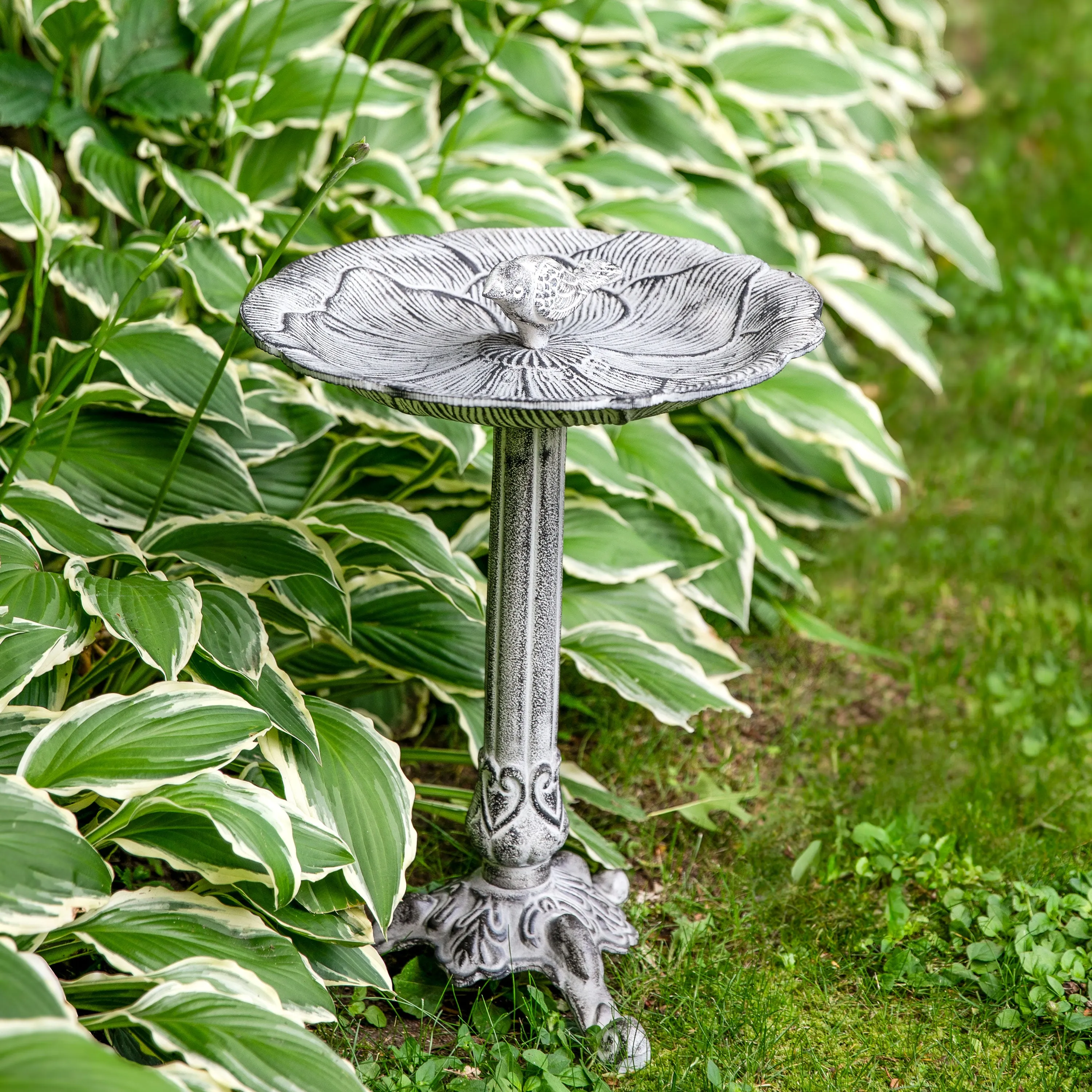 Sunnydaze Bird and Blossom Metal Bird Bath - Antique Gray - 13"