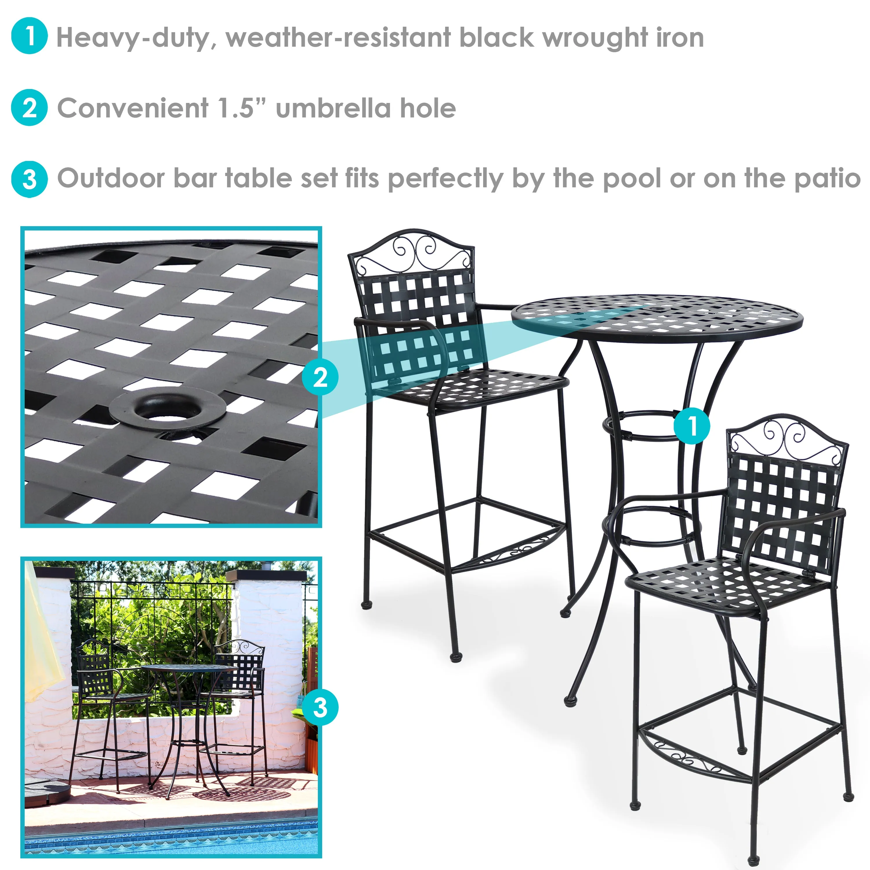 Sunnydaze Outdoor Black Scrolling Wrought Iron Bar Chair and Table Set