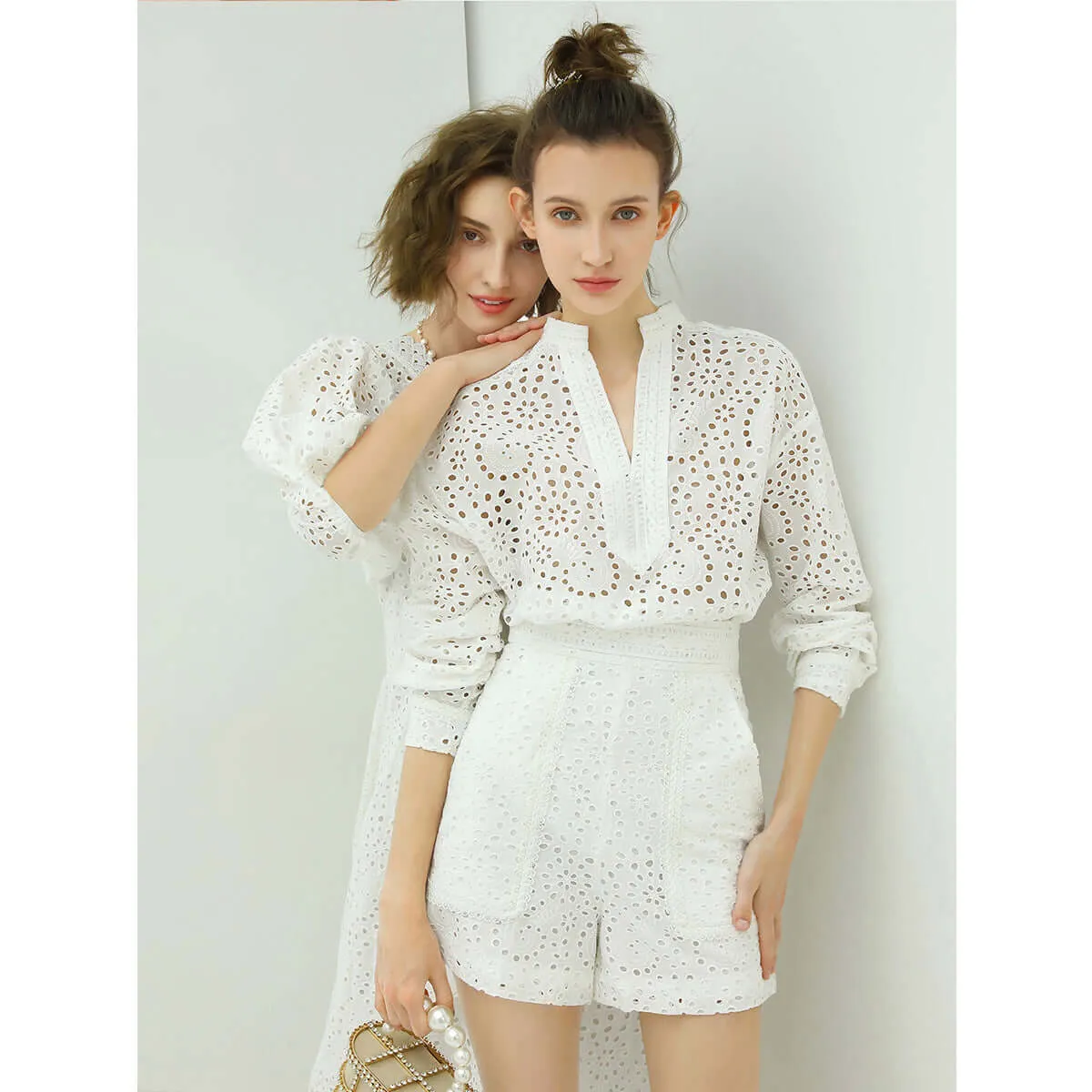Sweet French Lace Cutwork White Cotton Shirt