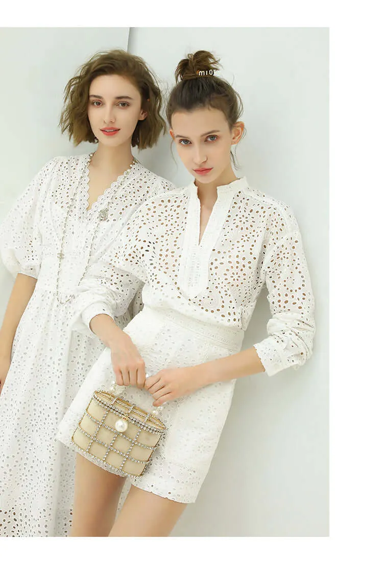 Sweet French Lace Cutwork White Cotton Shirt