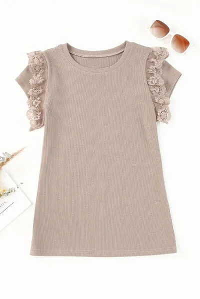 TEEK - Light Camel Lace Ruffle Cap Sleeve Top