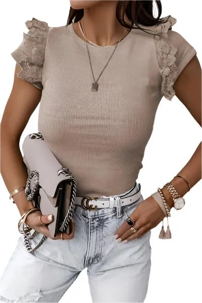 TEEK - Light Camel Lace Ruffle Cap Sleeve Top
