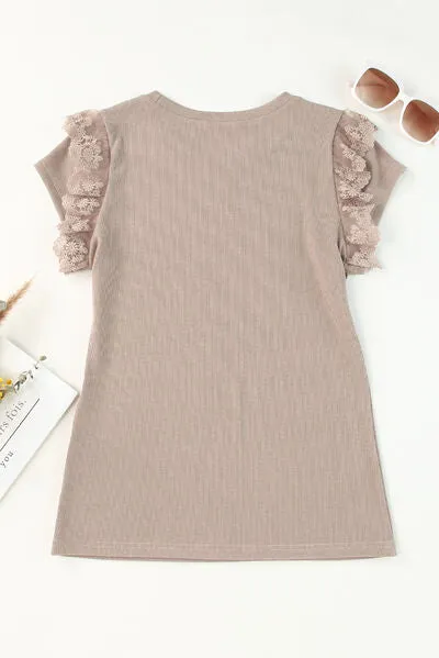 TEEK - Light Camel Lace Ruffle Cap Sleeve Top
