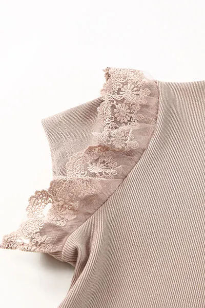TEEK - Light Camel Lace Ruffle Cap Sleeve Top
