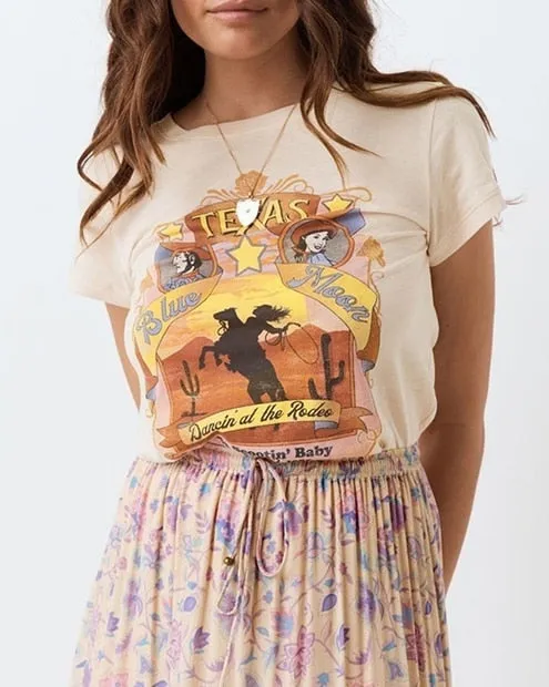 Texas Blue Moon T Shirt Dancin' At The Rodeo Cowgirl Horse Riding Baby Tee Boot Scootin' Cow Ropin' Lone Star Top Small Medium Large And Plus Sizes XL And XXL 2X