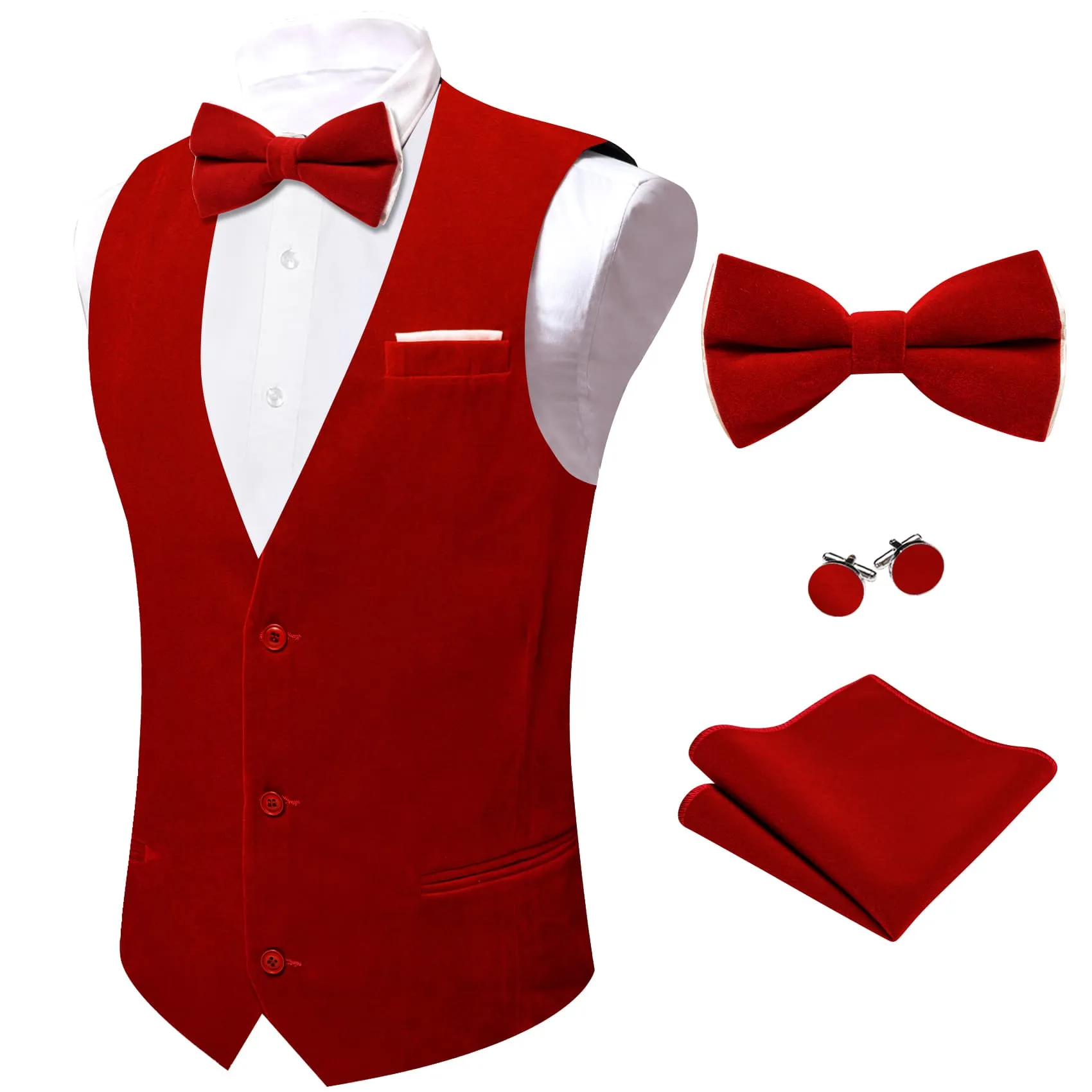 Ties2you Dress Vest Dark Red Solid V-Neck Mens Suede Leather Vest Waistcoat Bow Tie Set