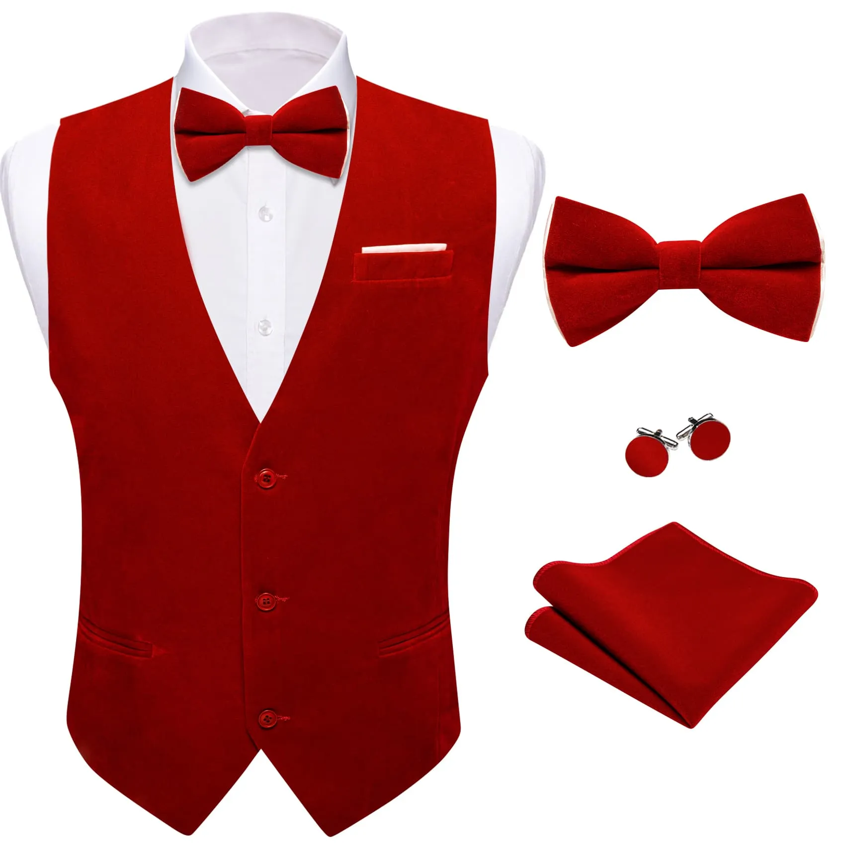 Ties2you Dress Vest Dark Red Solid V-Neck Mens Suede Leather Vest Waistcoat Bow Tie Set