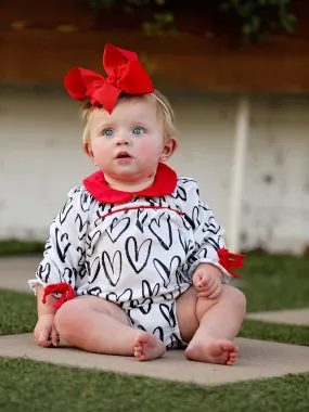 Valentine's Day Heart Print Bow Girls Romper