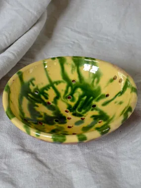 Vintage French strainer with green and yellow glaze