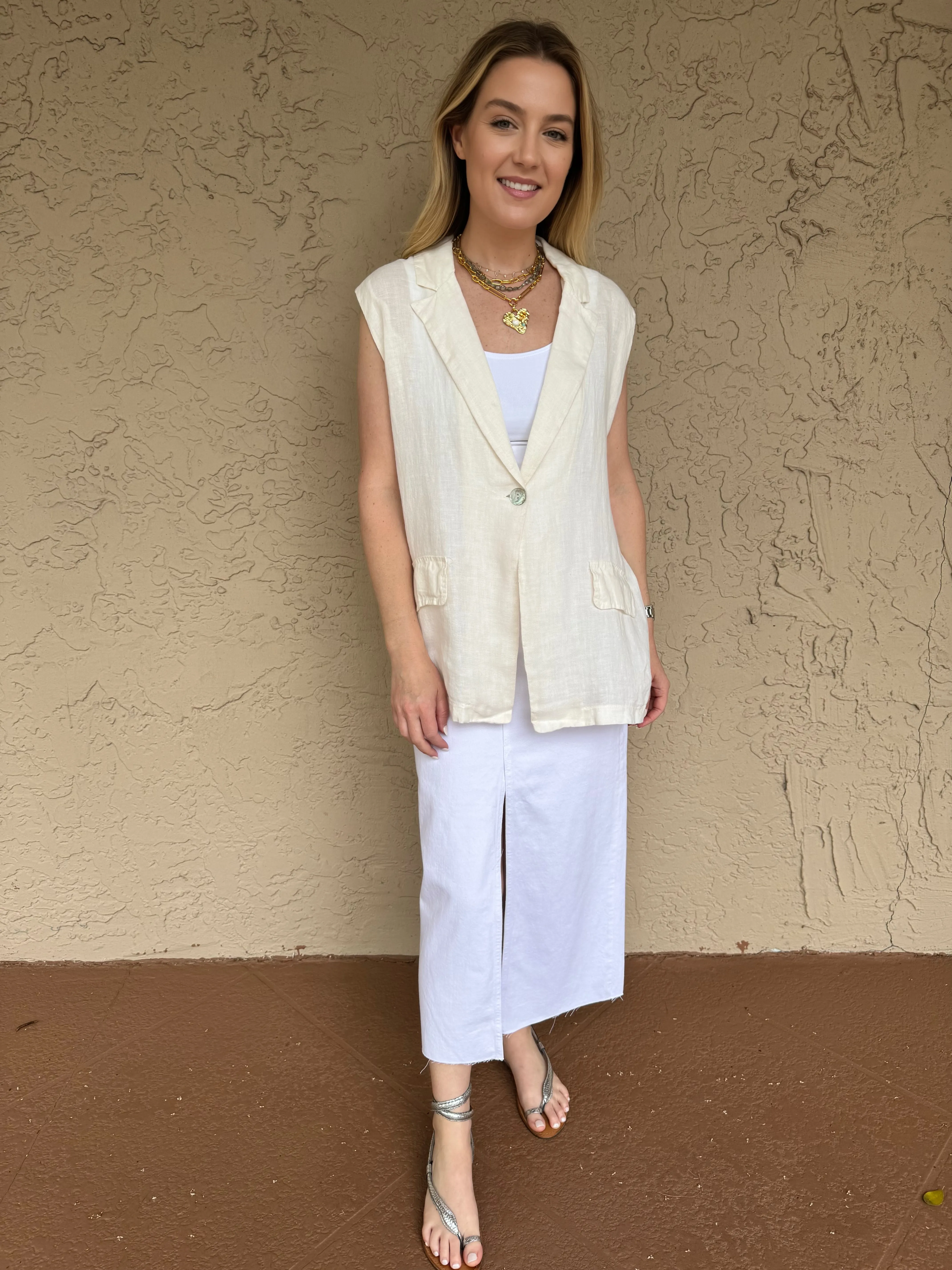 Willow Long Linen Vest - Ecru
