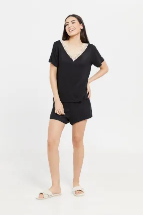 Women Black Embellished V-Neck Cami Set (2 Piece)