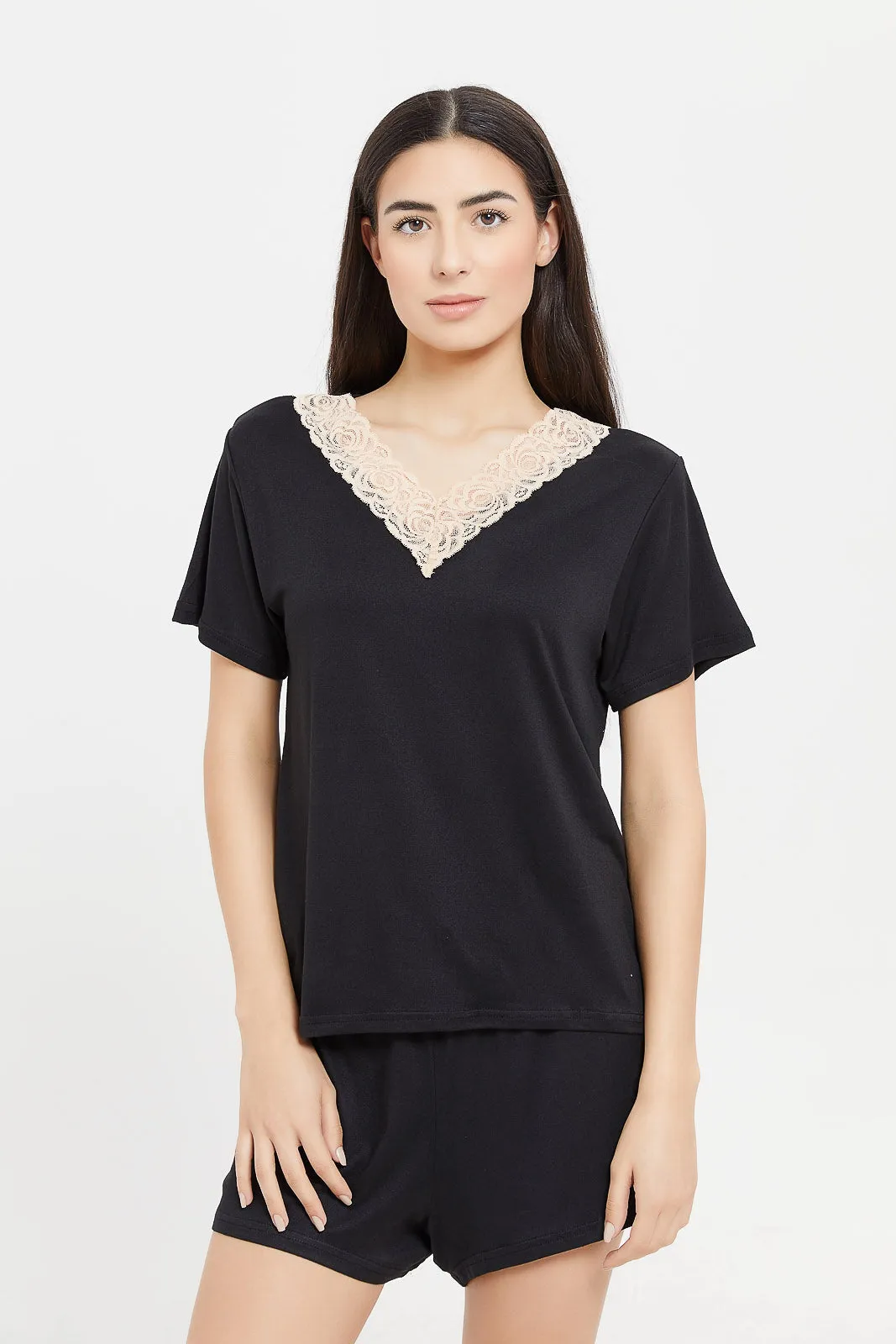 Women Black Embellished V-Neck Cami Set (2 Piece)
