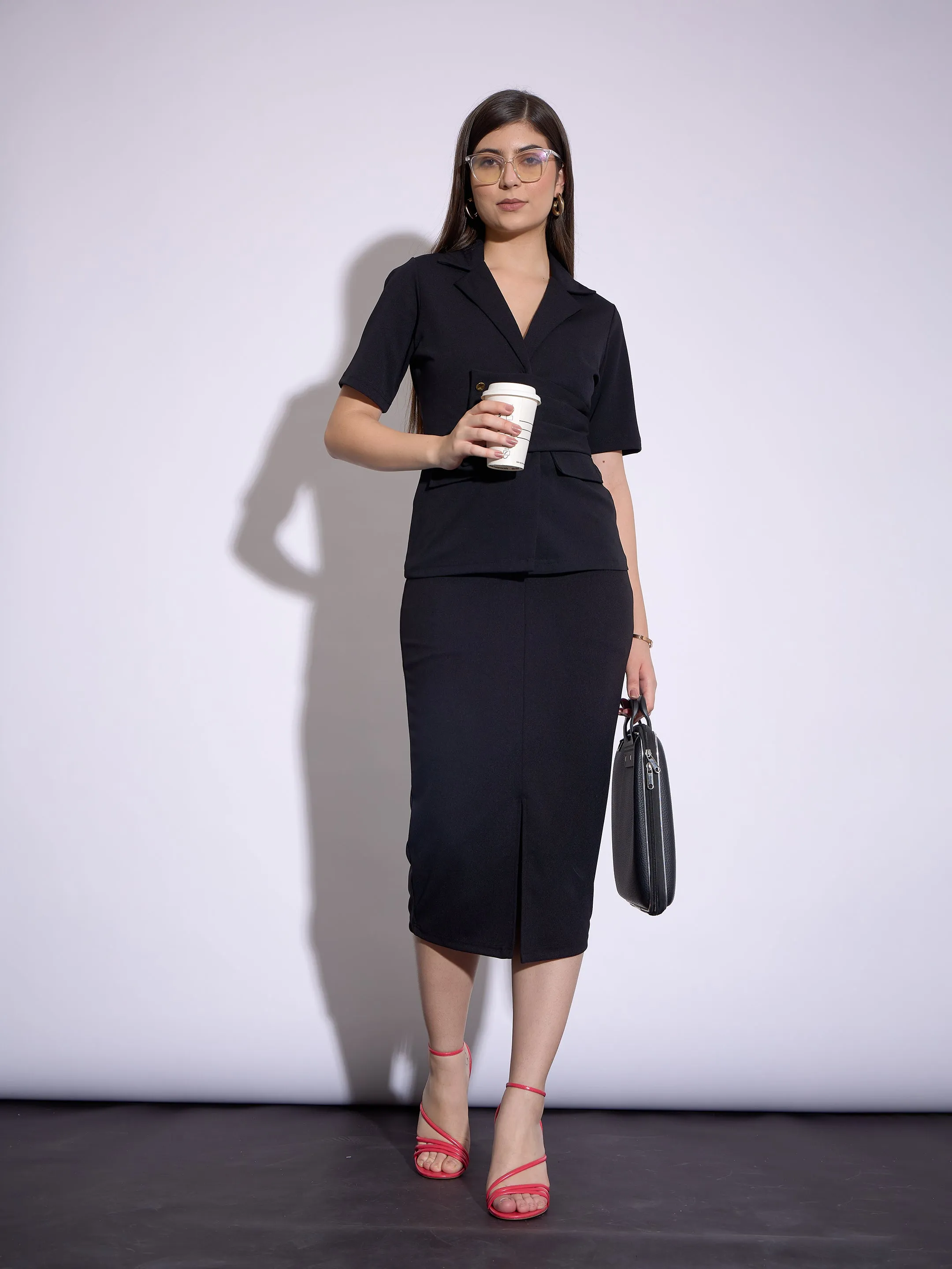 Women Black Notch Collar Top
