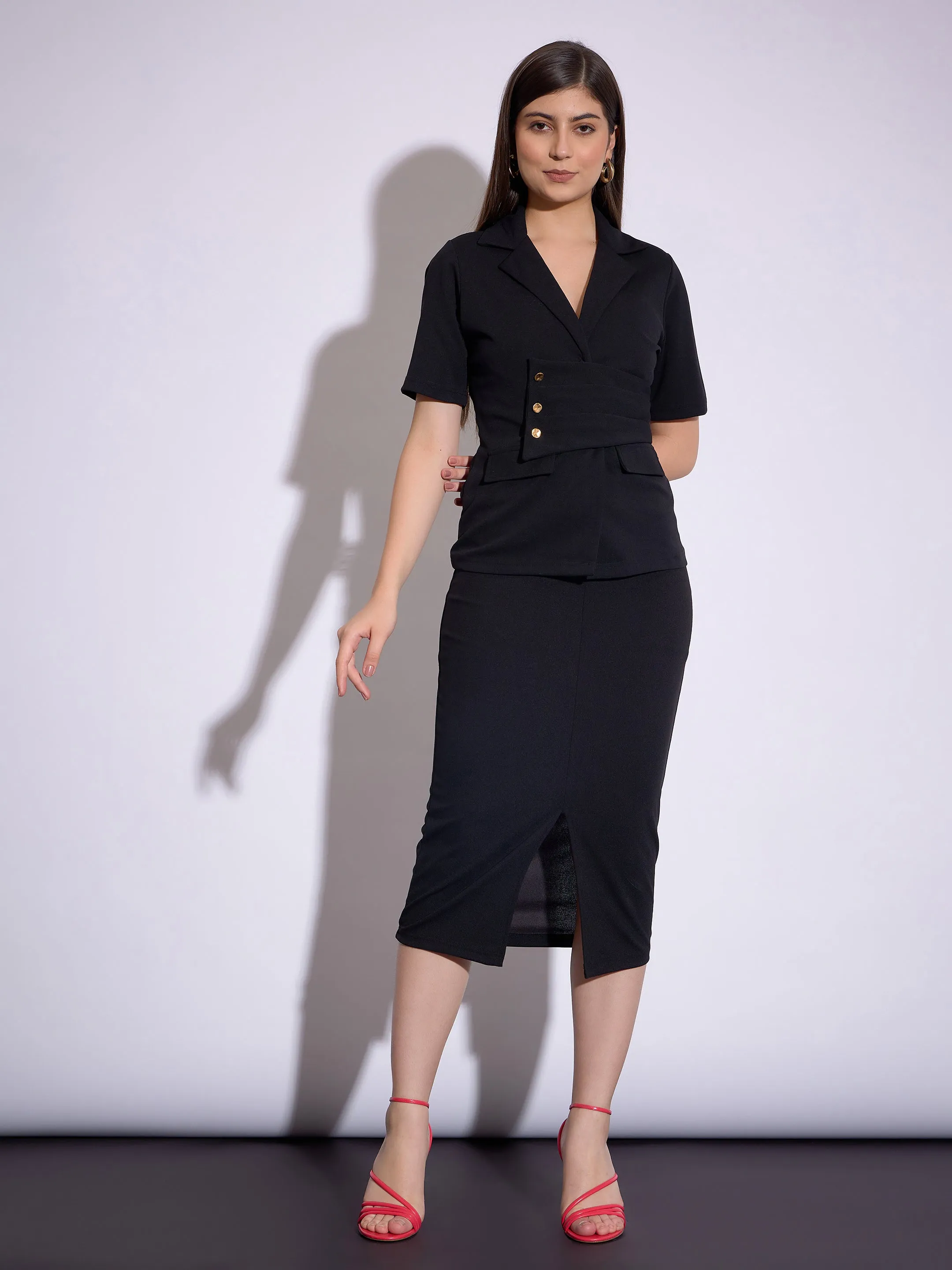 Women Black Notch Collar Top