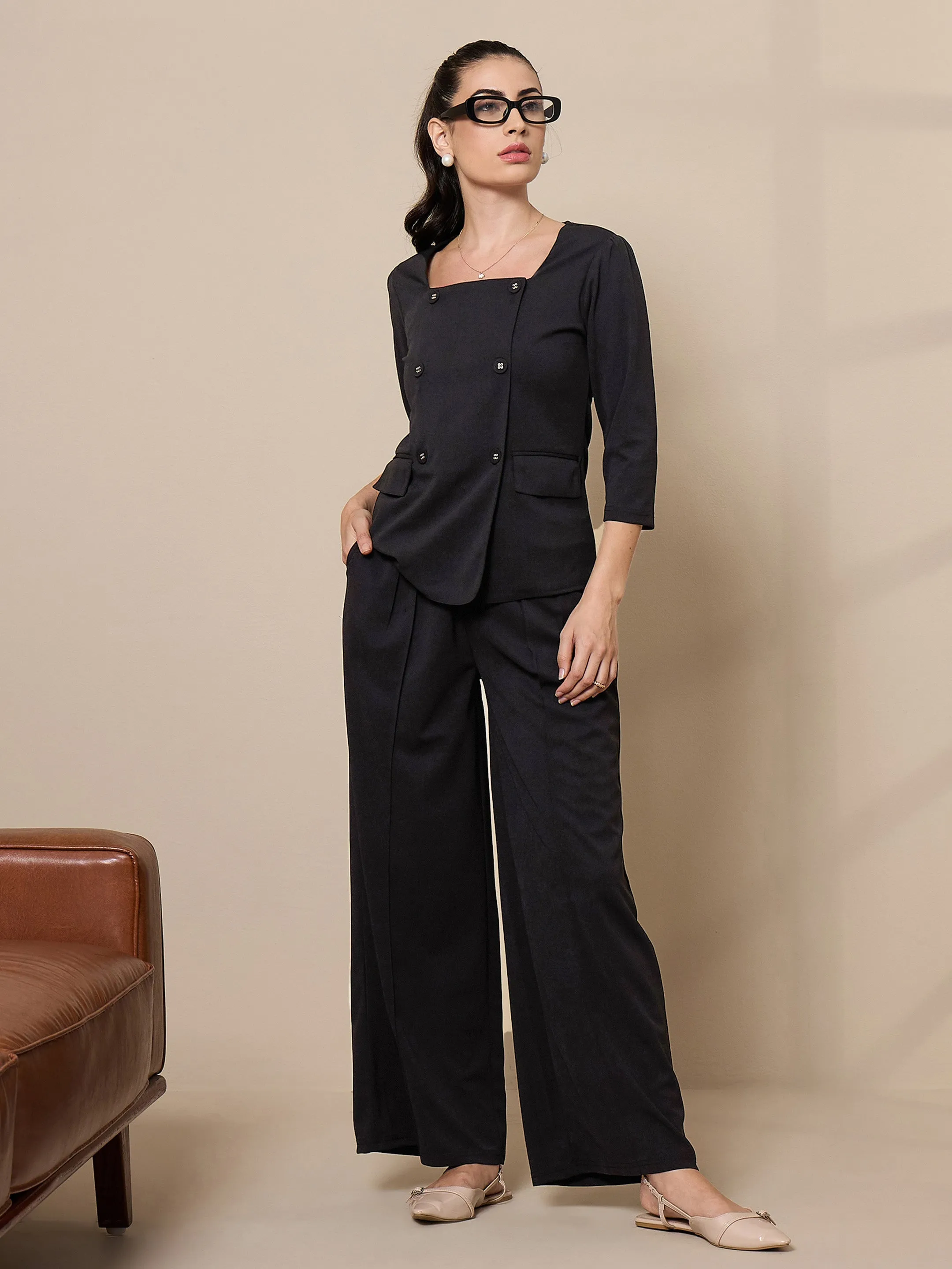 Women Black Square Neck Top