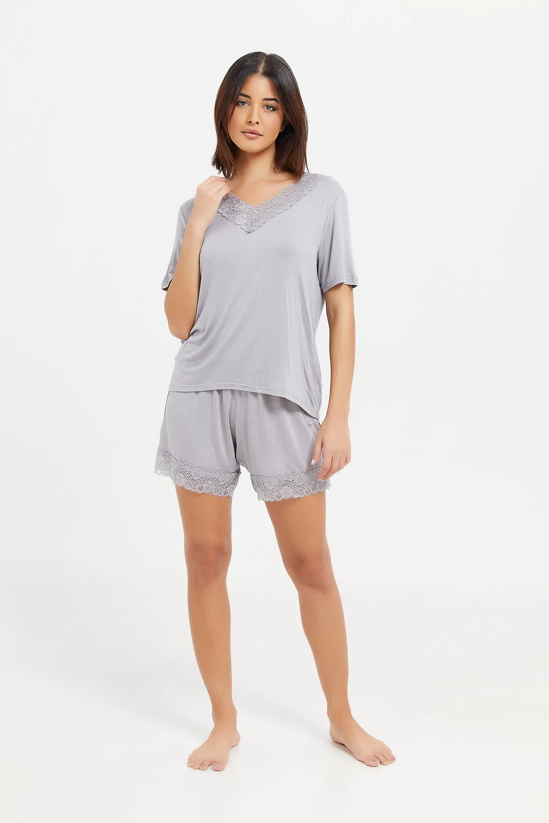 Women Grey V-Neck Lace Cami Set (2 Piece)