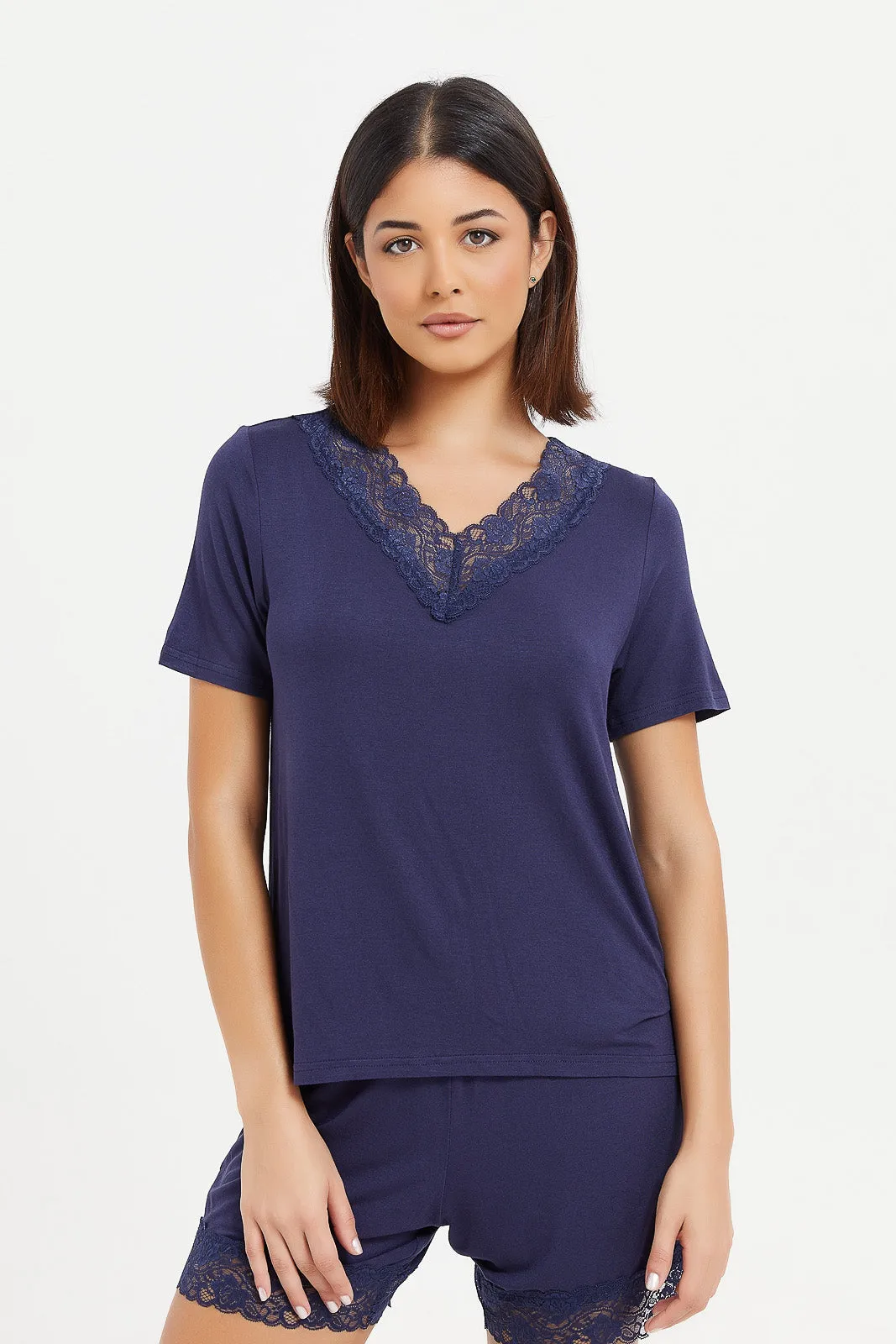 Women Navy V-Neck Lace Cami Set (2 Piece)