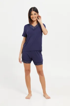 Women Navy V-Neck Lace Cami Set (2 Piece)